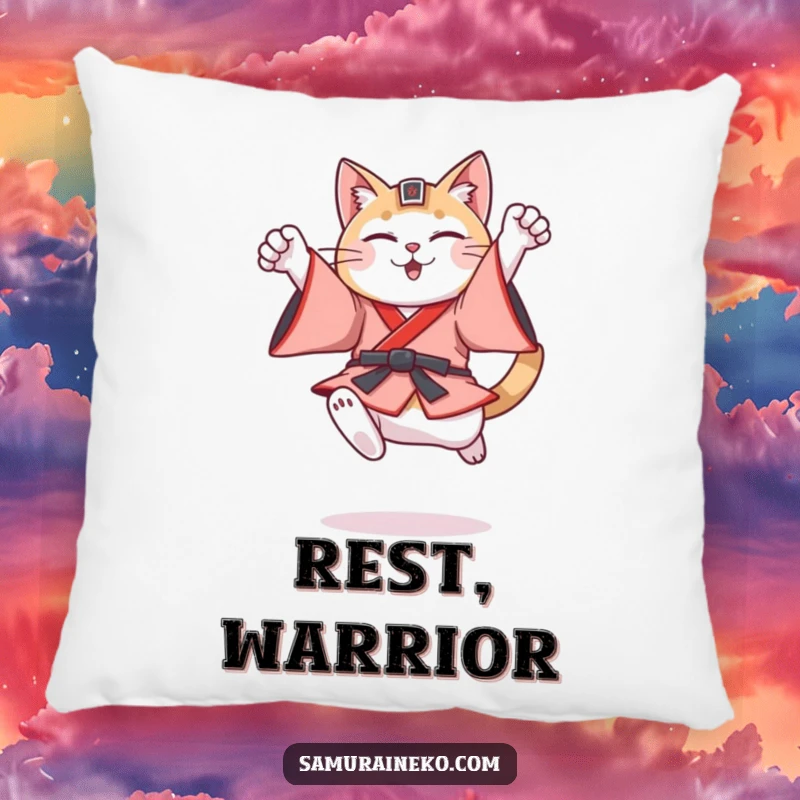 Funny cat in feudal Japanese warrior attire leaping triumphantly, offering comfort and humor on this decorative pillow.