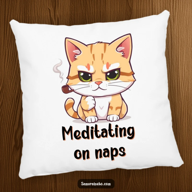 Funny pillow with a cat holding a tiny smoking pipe, offering comfort and humorous feline wisdom artistry.
