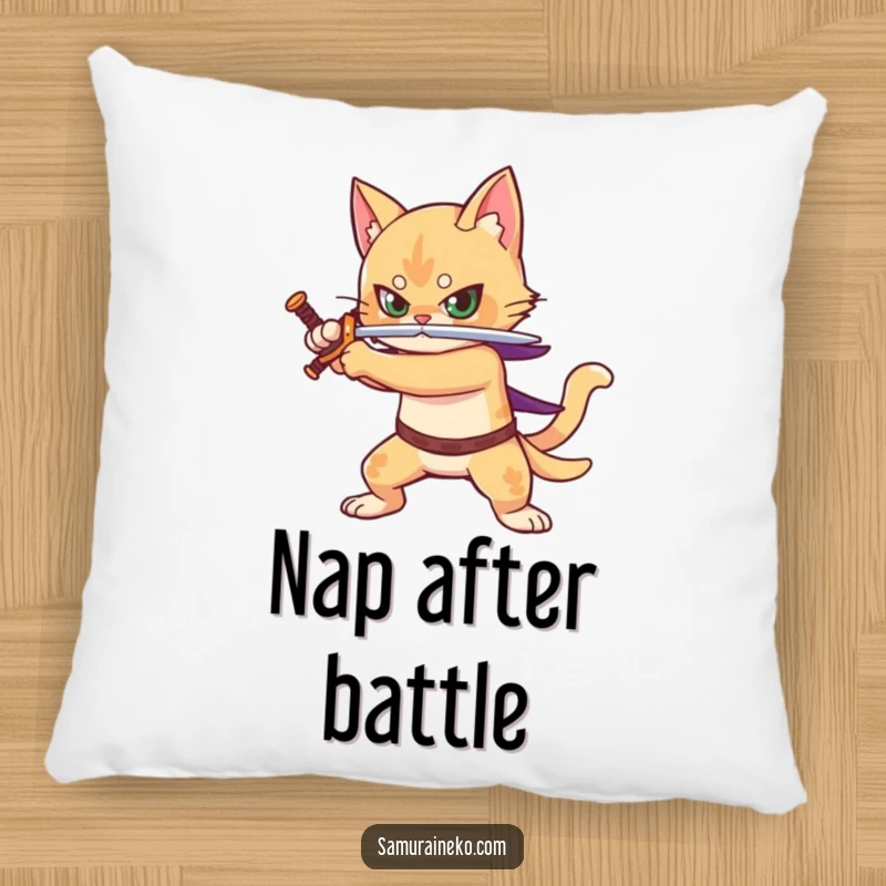Funny pillow with a cozy design of a cat warrior, sword drawn, ready for a playful battle.