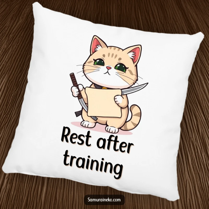 Funny cat holding a miniature katana with pride, a tiny scroll accompanying it, adding charm to this pillow.