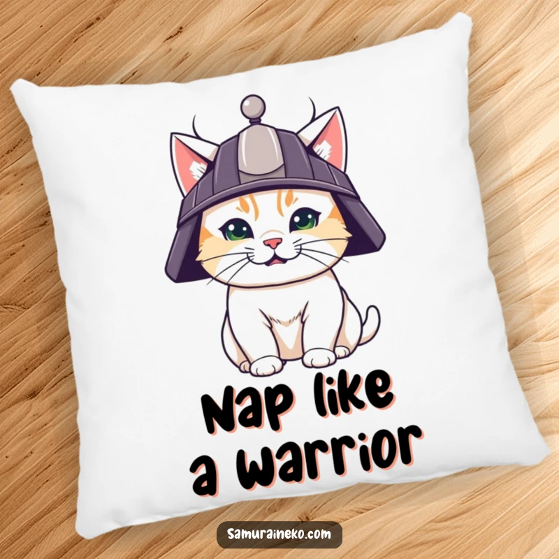 Funny decorative pillow featuring a determined cat in a samurai helmet, offering comfort with a humorous, bold edge.