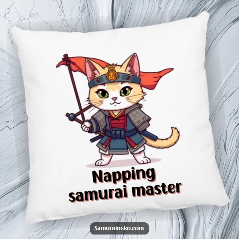 Funny Samurai Cat Pillow featuring a dramatic warrior cat lounging with a banner elegantly draped, offering comfort and humor.