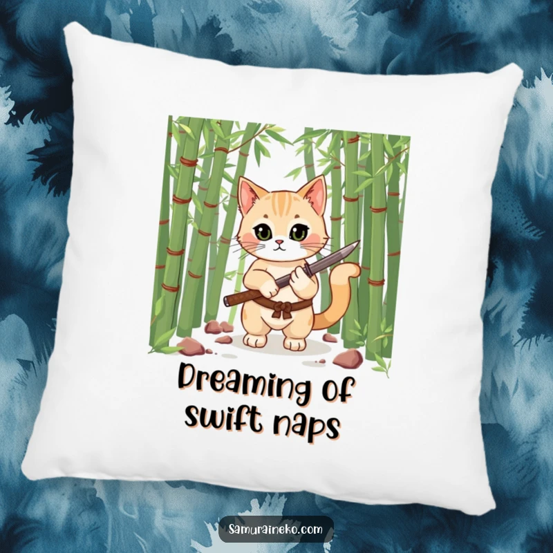 Funny pillow featuring a cute cat warrior in a bamboo setting, holding a tiny katana, offering comfort and a dash of humor.