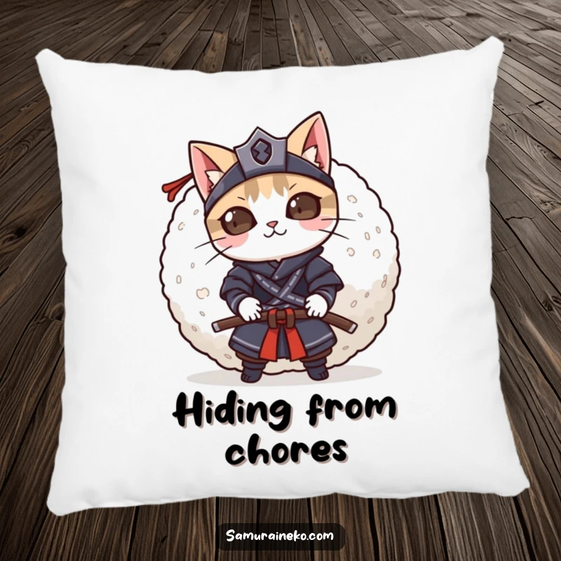Funny mischievous cat samurai peeking from behind a giant rice ball, this decorative pillow adds playful comfort.
