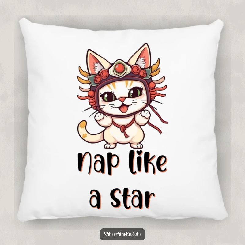 Funny Cat Mask Pillow featuring a cat in a traditional mask striking a comical pose, offering both comfort and dramatic flair.