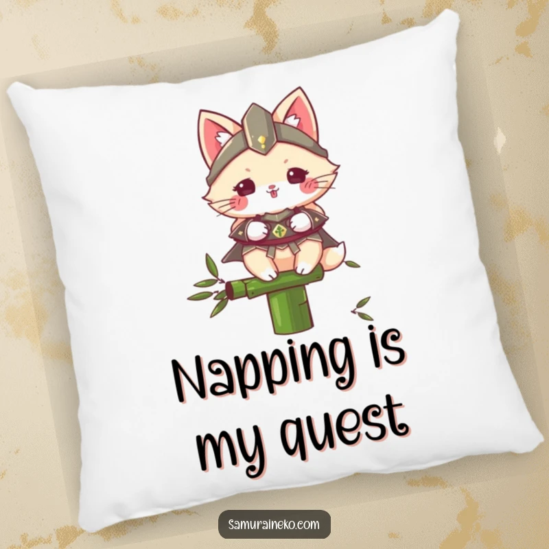 Funny Samurai Cat pillow featuring a fluffy armored cat balancing on a bamboo stalk, perfect for adding a humorous and comfortable touch to sofas.