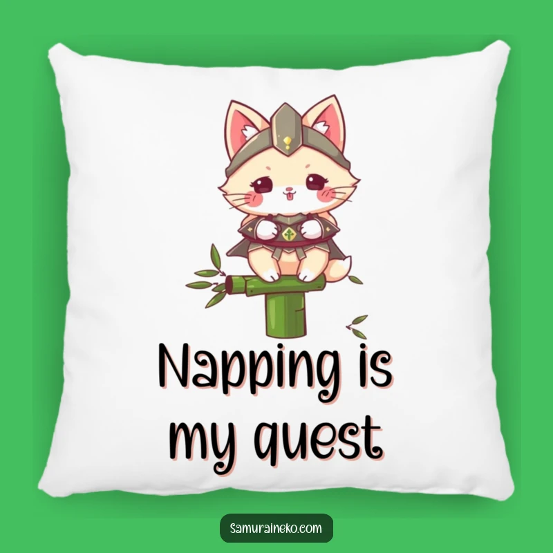 Funny Samurai Cat Pillow: Fluffy Warrior on Bamboo, Cozy Humorous Accent