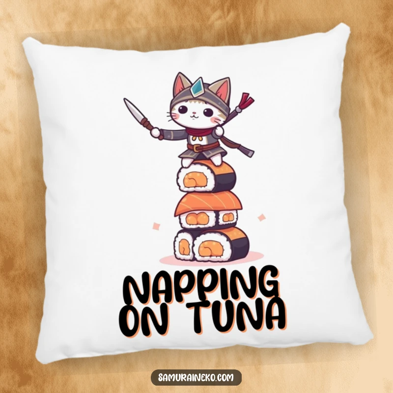 Funny small cat warrior balancing on a sushi tower, this decorative pillow adds a touch of epic charm.