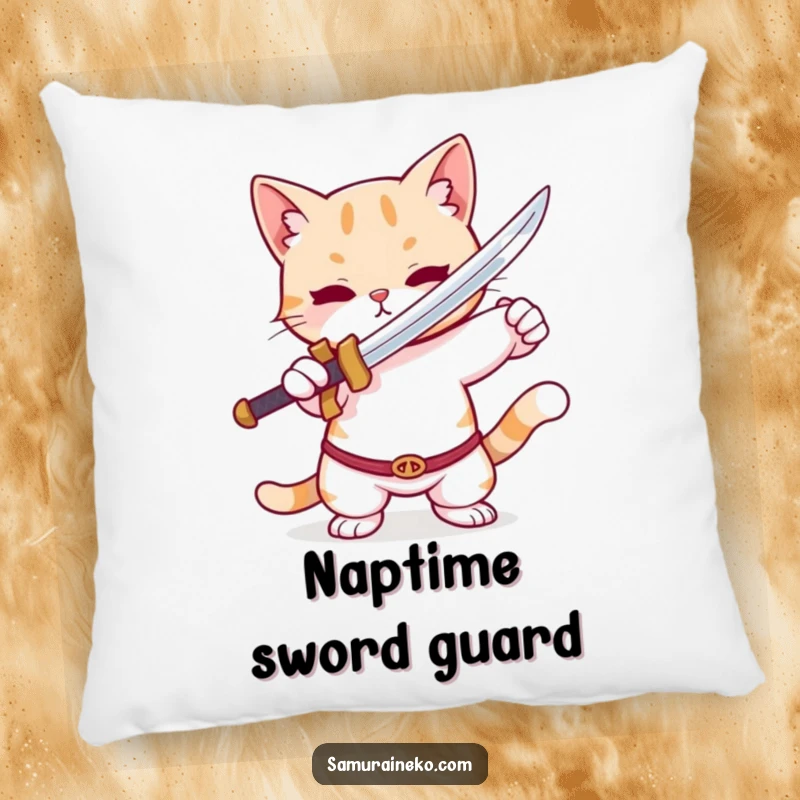 Funny Cat Pillow: A soft, decorative pillow featuring a cute cat in a playful pose with a tiny sword, perfect for lounging.