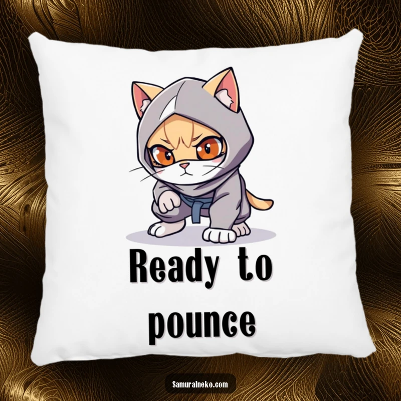 Funny cat ninja design on a soft pillow, crouched low with playful eyes, a great funny gift.