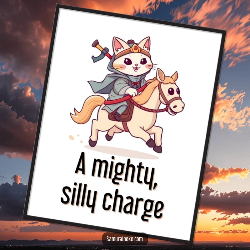 Funny cat samurai digital art print of a feline warrior riding a hobby horse, charging forward with gleeful excitement.