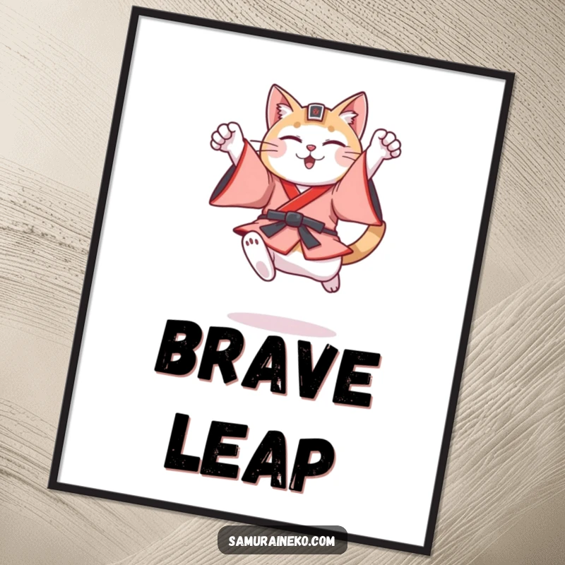 Funny cat in feudal Japanese warrior attire leaping dynamically in a triumphant pose, a high-resolution digital art print.