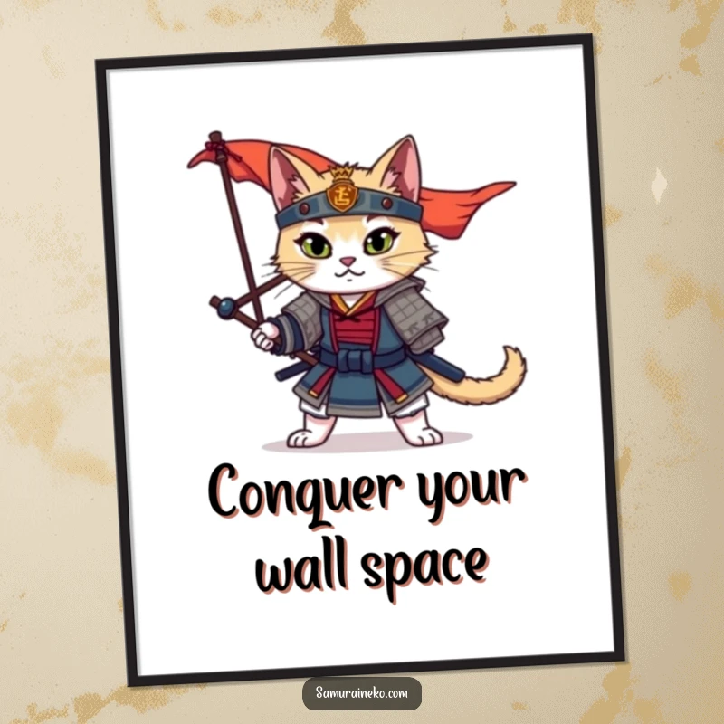 Funny Samurai Cat Digital Art Print of a dramatic warrior cat posing heroically with a vibrant, flowing banner.