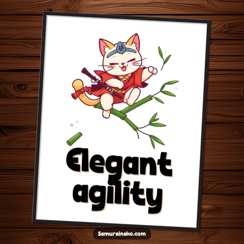 Funny cat samurai art print, leaping over bamboo, with a flourish, instant funny gift.