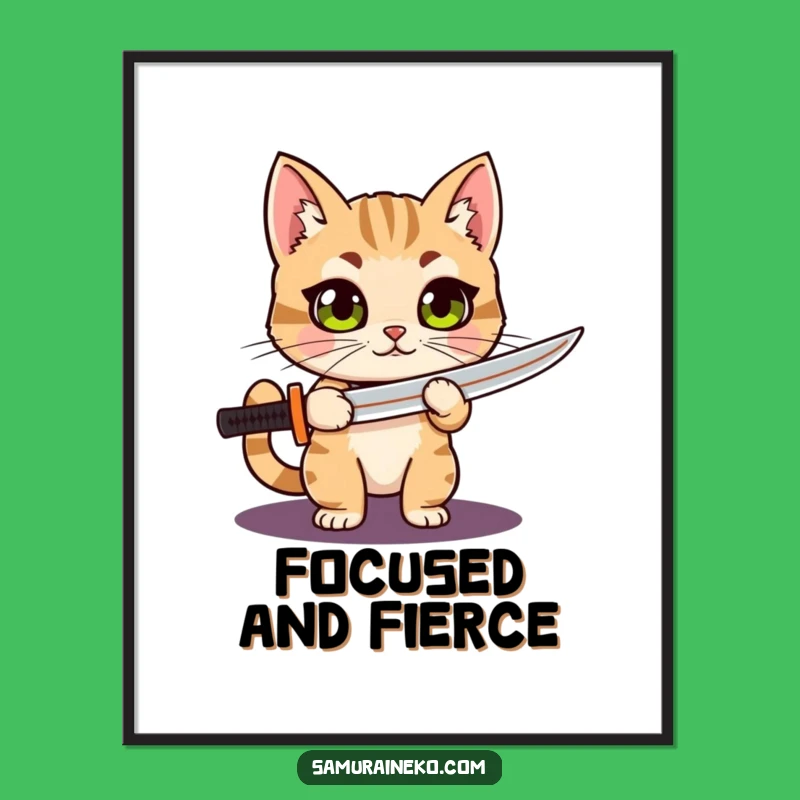 Funny Cat Katana Digital Art: Proud Warrior with Wide Eyes, Humorous Instant Download