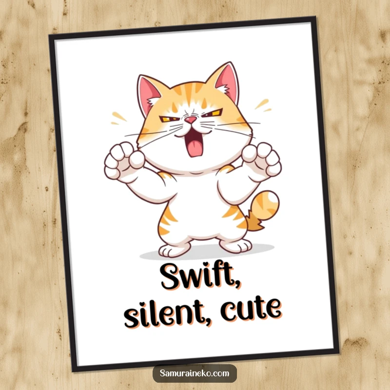 Funny digital art print of a mischievous cat with a determined expression, practicing swift paw strikes, bringing focused, fierce energy to any room.