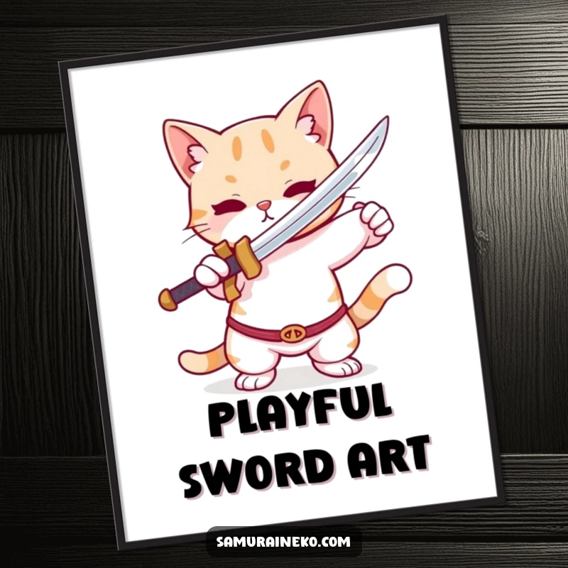 Funny Cat Digital Art Print: An artistic rendering of a cute cat in a playful pose with a tiny sword, perfect for immediate humorous decor.