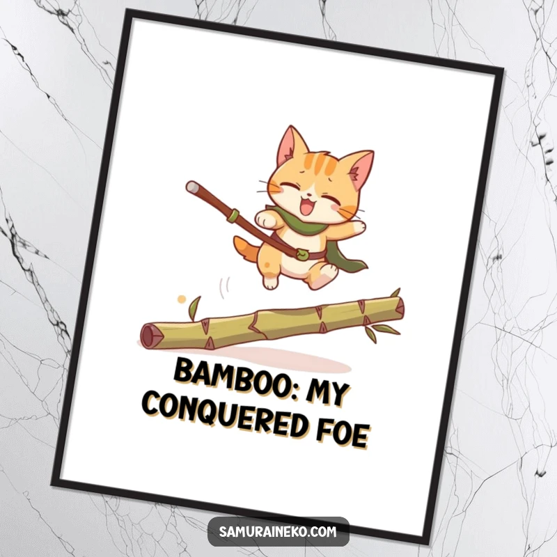 Funny Cat Warrior Digital Art: A humorous, high-resolution digital artwork of a cat warrior jumping over bamboo, ideal for screensavers or prints.