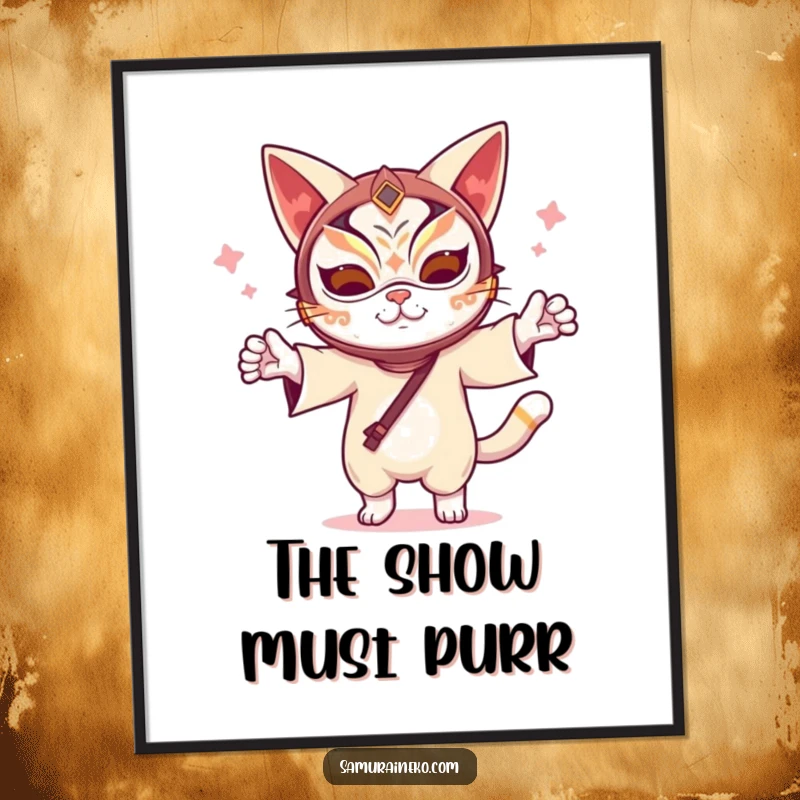 Funny Kabuki Cat Digital Art: A humorous, high-resolution digital artwork of a cat dancing in a kabuki mask, ideal for screensavers or prints.