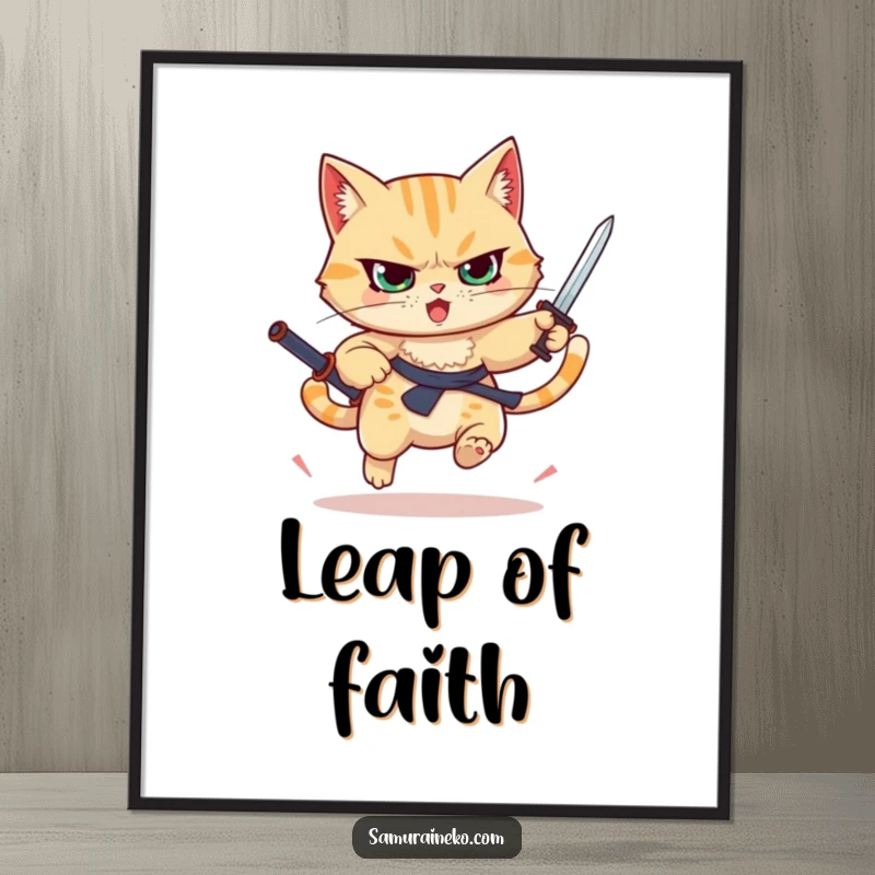 Funny determined cat leaping with a raised sword, high-resolution digital art, beautiful funny gift.