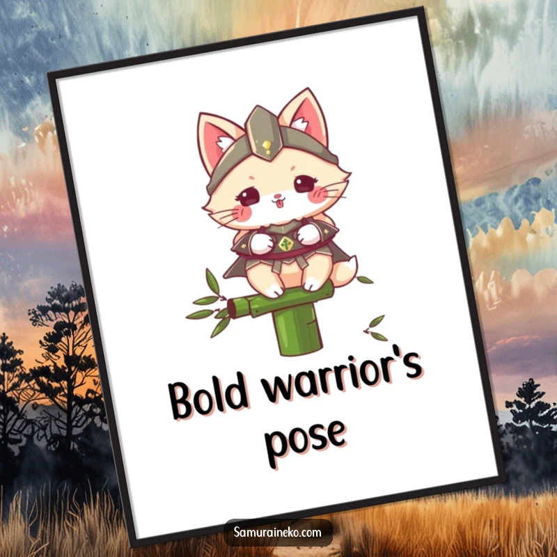 Funny Samurai Cat digital art print of a fluffy armored cat balancing on a bamboo stalk, offering humor and artistic flair as an instant download.