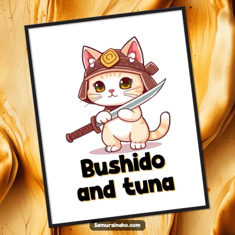 Funny cute cat wearing a tiny samurai helmet unsheathing a playful sword, as a digital art print.