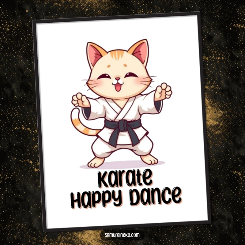 Funny Karate Cat Digital Art Print: An artistic rendering of a cat practicing karate poses with a wagging tail, perfect for humorous decor.
