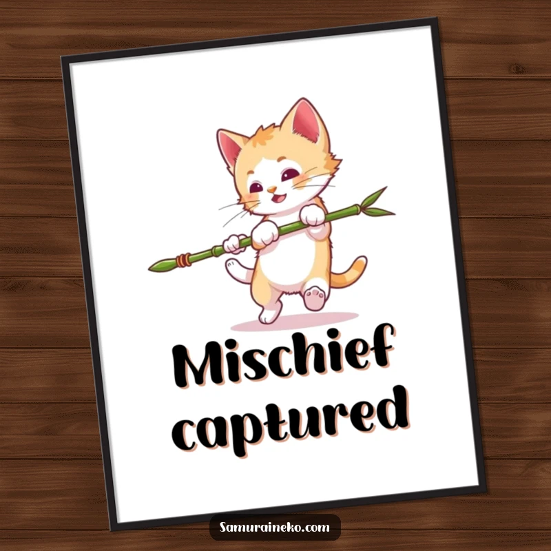 Funny Mischievous Kitten Digital Art Print: Kitten performing a somersault with a bamboo spear, full of playful mischief. An instant funny gift.