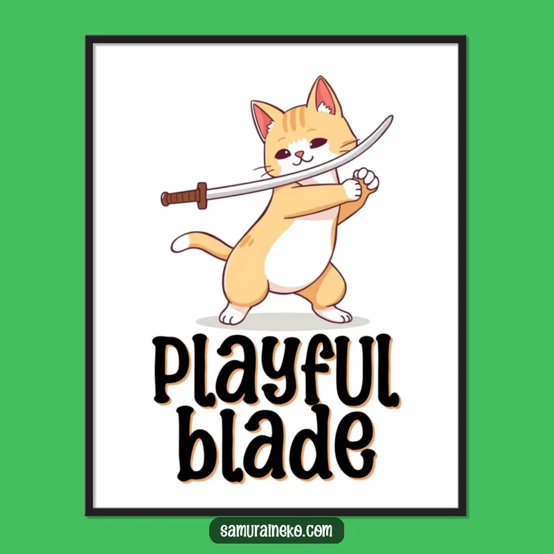 Funny Cat Samurai Digital Print: Playful Sword Flourish Art, Instant Gift