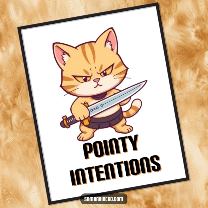 Funny digital art print of a determined cat character with a squint sharpening a tiny sword, ready for immediate display.