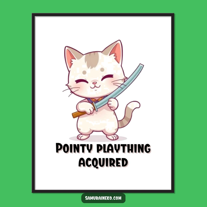 Funny Bamboo Sword Cat Digital Art: Playful Intense Feline Print, Action Decor Gift