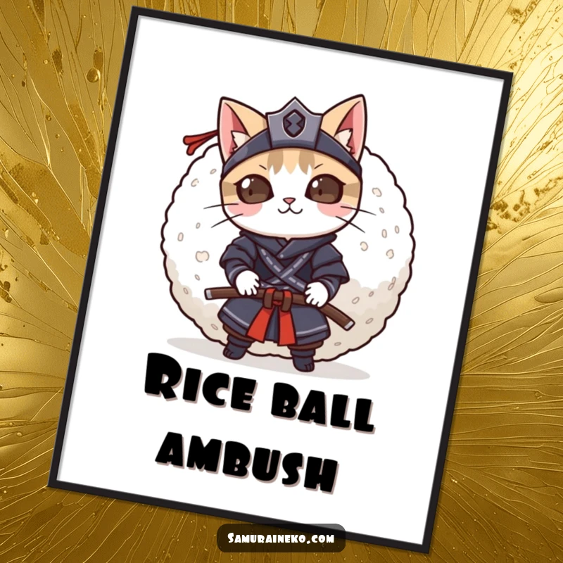 Funny mischievous cat samurai peeking from behind a giant rice ball, an instantly downloadable piece of playful art.