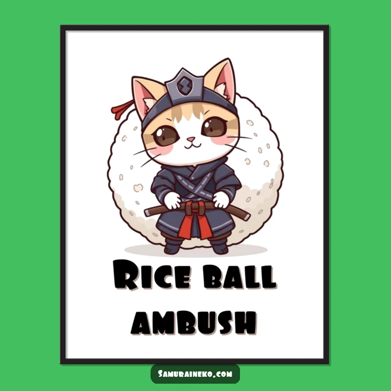Funny Cat Samurai Rice Ball Digital Print: Instant Playful Art, Perfect Gift