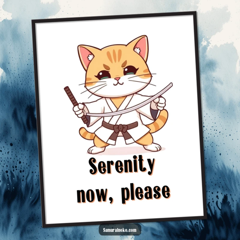 Funny cat practicing sword stances with intense focus and a slight smile, as a digital art print.