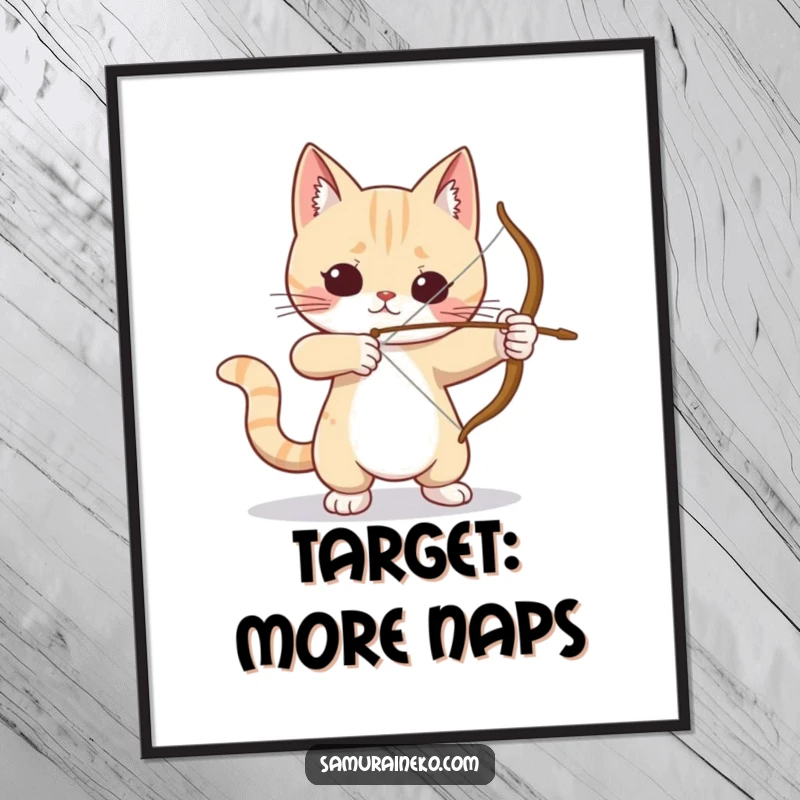 Funny Cat Archer Digital Art: A humorous digital artwork of a cat intensely practicing archery, perfect for screensavers or prints with a funny twist.