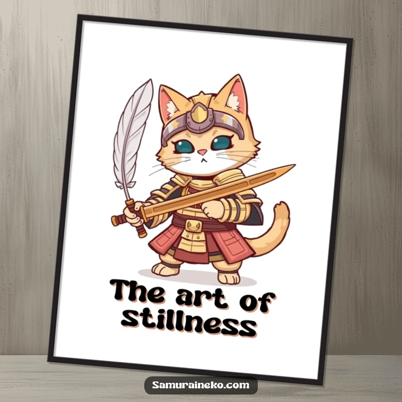 Funny cat in full samurai armor parrying a feather with a wooden sword, as a digital art print.