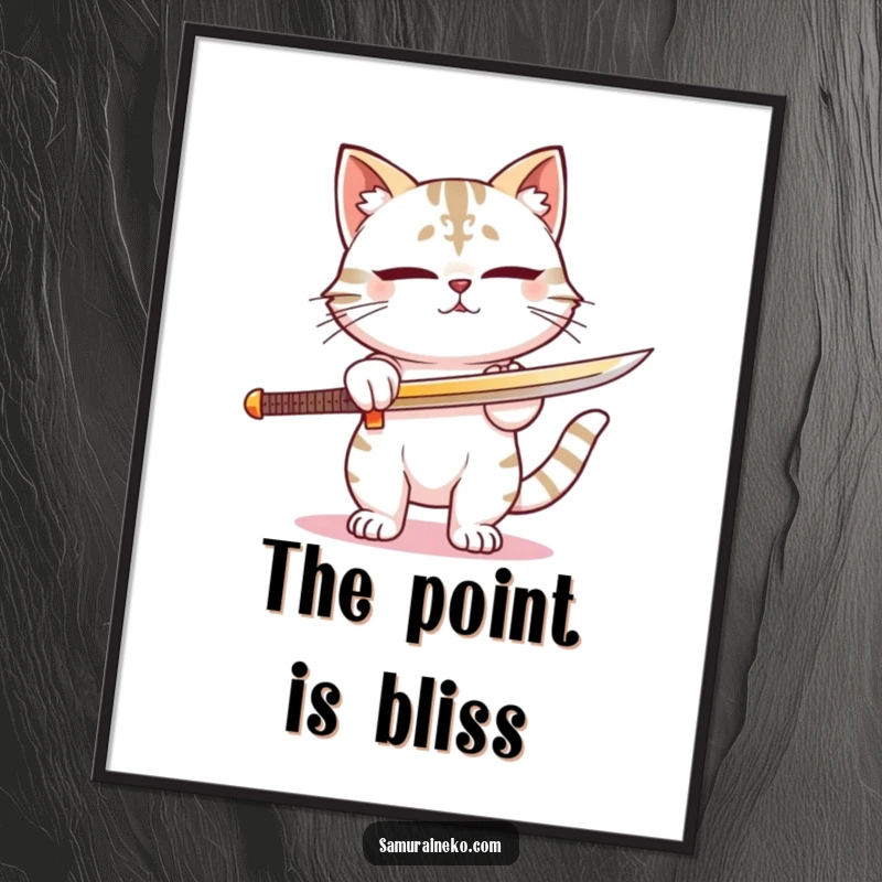 Funny digital art print of a cat samurai sharpening its sword with a deep, contented look. A humorous piece for gifting.