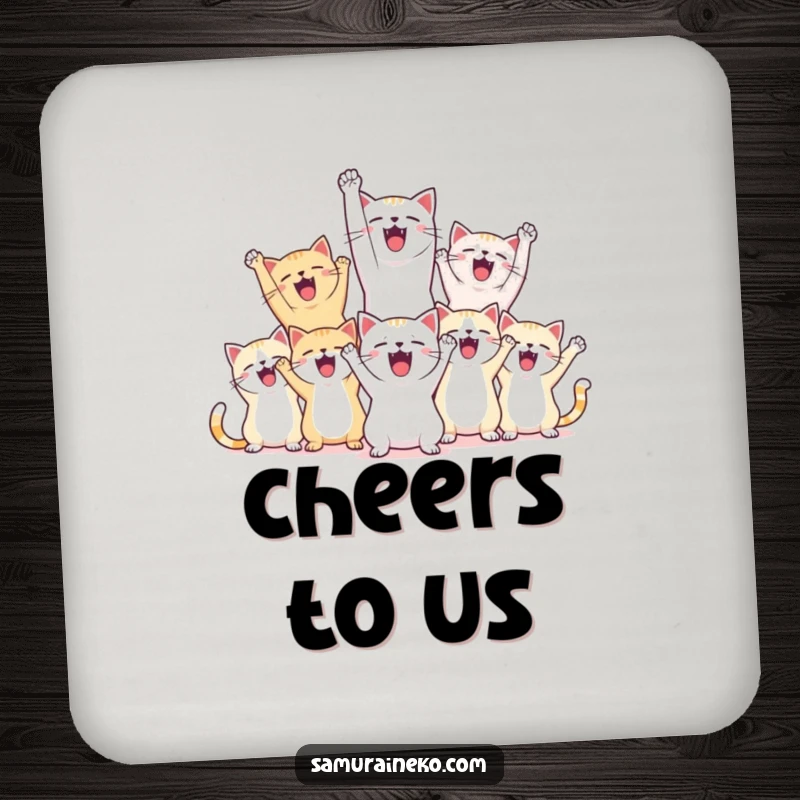 Funny drink coasters with jubilant cats celebrating victory, protecting surfaces with happy paws.