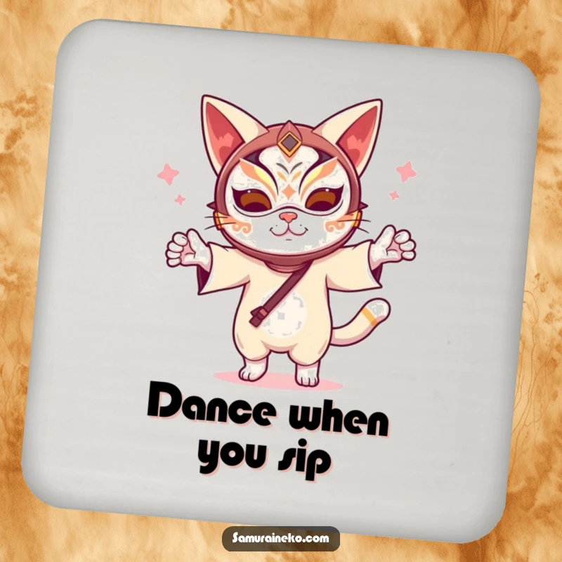 Funny Kabuki Cat Coasters: A set of coasters featuring a funny cat in a kabuki mask dancing, providing humorous surface protection with flair.