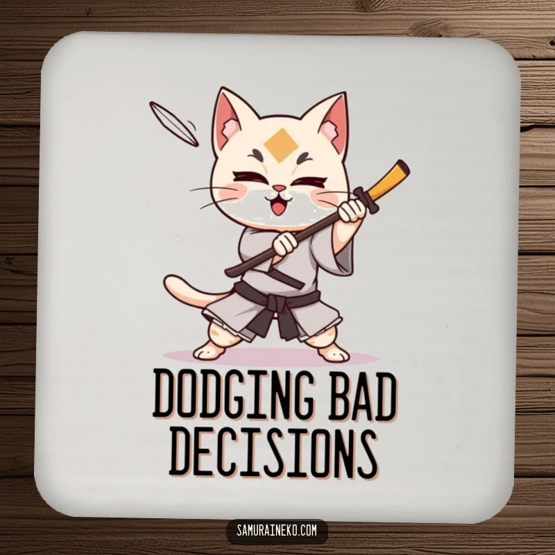Funny cat samurai character dodging an incoming shuriken with glee, this drink coaster adds protection with flair.