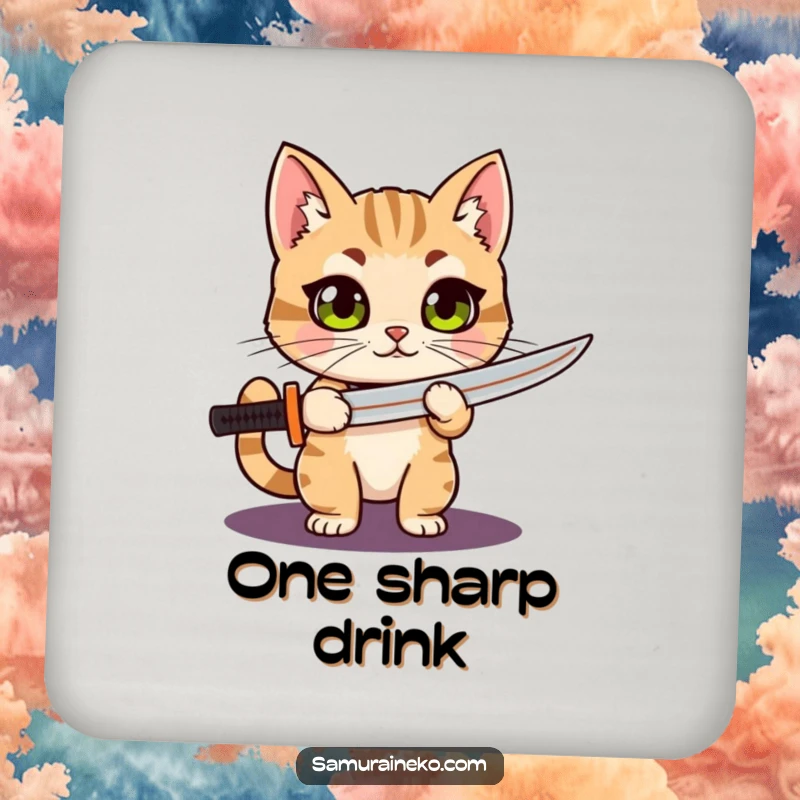 Funny Cat Katana drink coaster showcasing a curious, wide-eyed cat proudly holding a miniature katana, providing surface protection with a humorous, fierce touch.