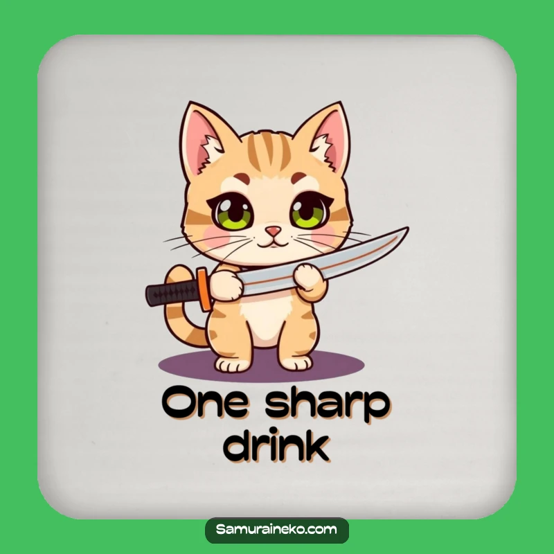 Funny Cat Katana Drink Coaster: Proud Warrior with Wide Eyes, Humorous Table Protector