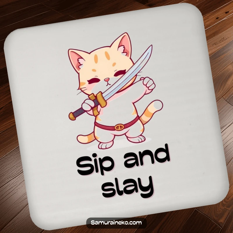 Funny Cat Coaster: A protective coaster with a cute cat striking a playful pose with a tiny sword, adding humor to your table.