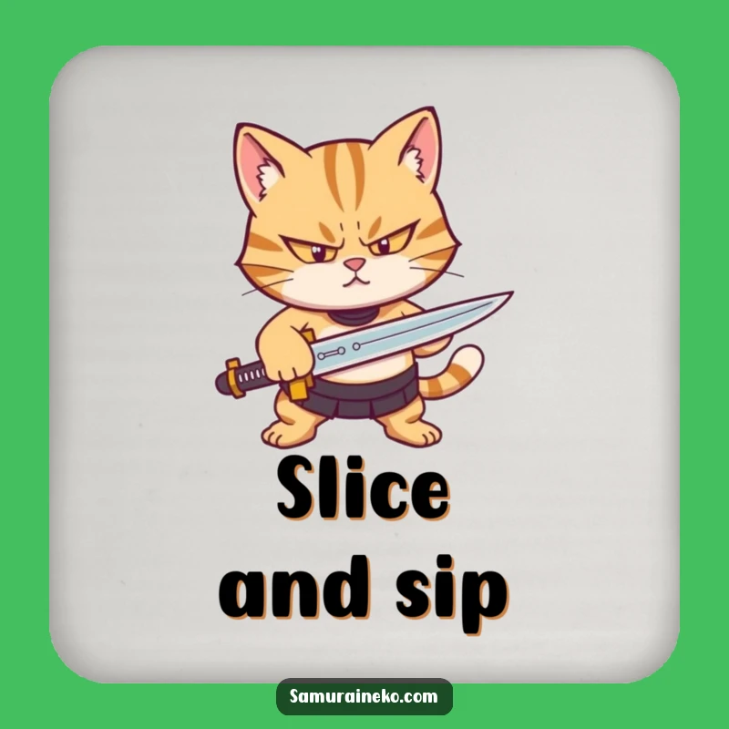 Funny Cat Warrior Drink Coaster: Determined Feline Sharpening Sword, Protects Surfaces With Humor