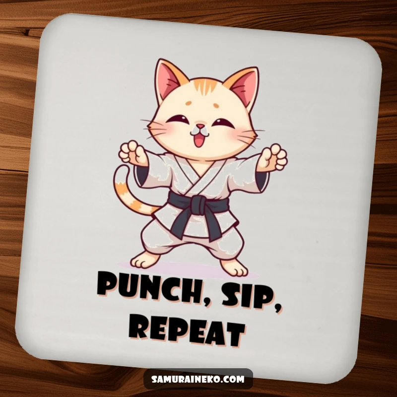 Funny Karate Cat Coaster: A protective coaster with a cat practicing karate poses with a wagging tail, bringing humor to your table.