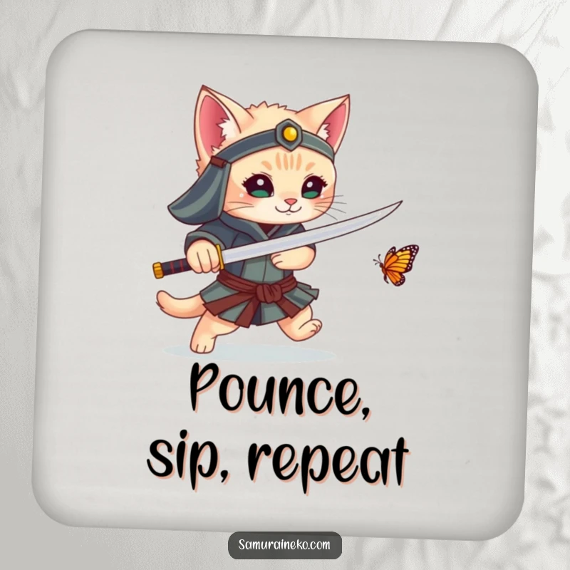 Funny drink coaster with a kitten samurai playfully chasing a butterfly with its sword, a humorous and protective accessory.