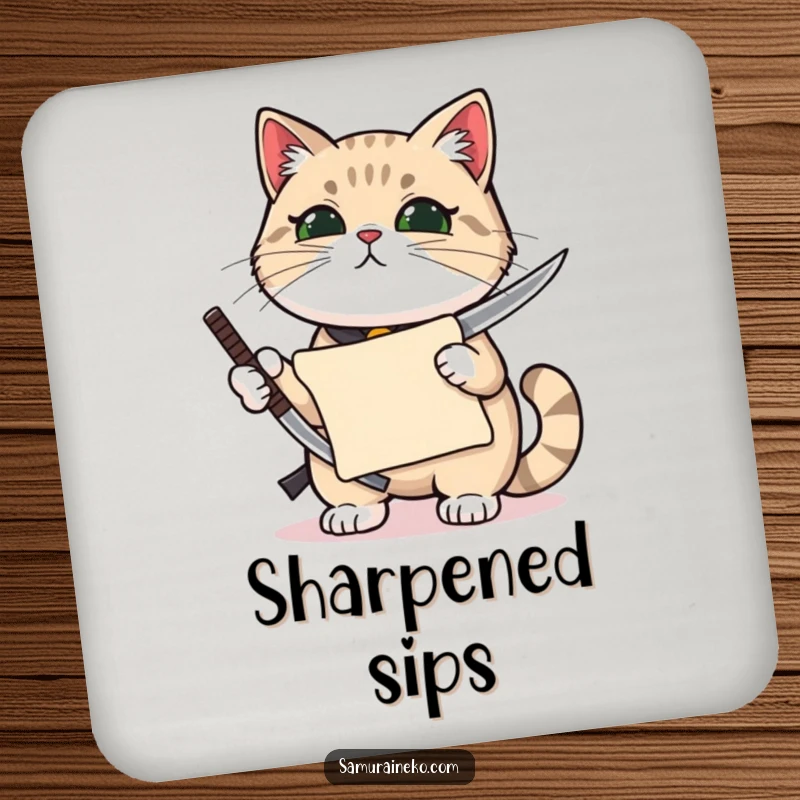 Funny cat holding a miniature katana with pride and a tiny scroll, protecting surfaces with humor on this coaster.