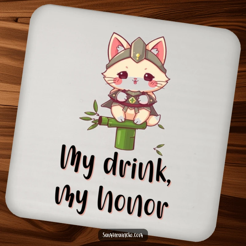 Funny Samurai Cat drink coaster with a fluffy armored cat balancing on a bamboo stalk, serving drinks with a side of humor and surface protection.