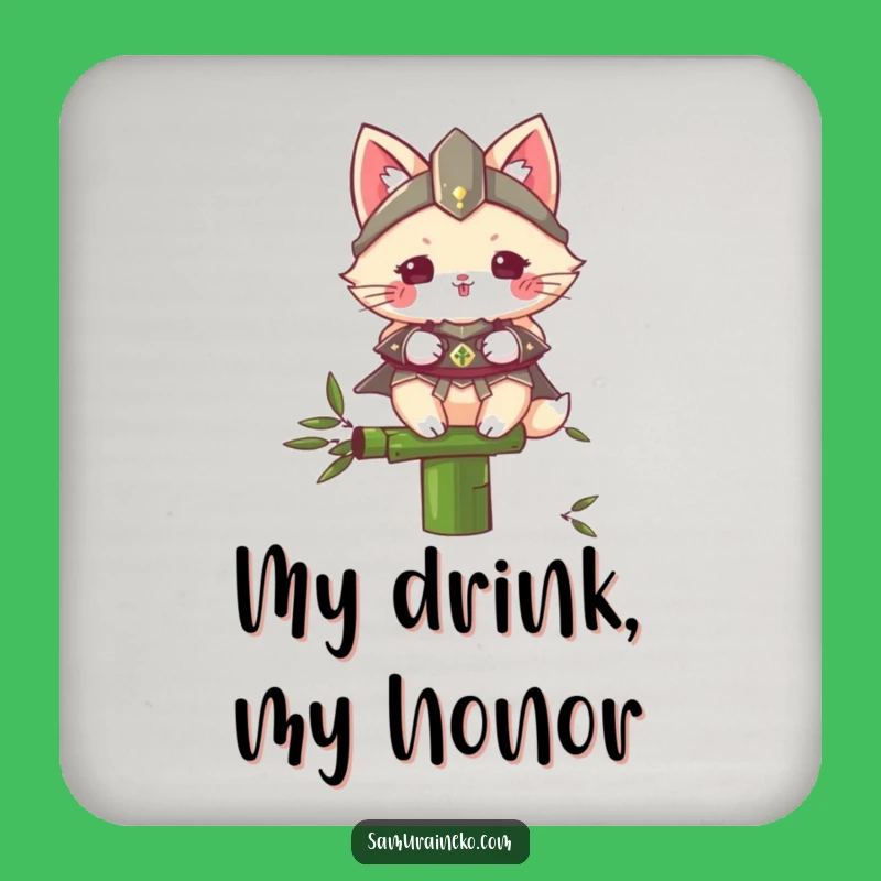 Funny Samurai Cat Drink Coaster: Fluffy Warrior on Bamboo, Humorous Table Protector