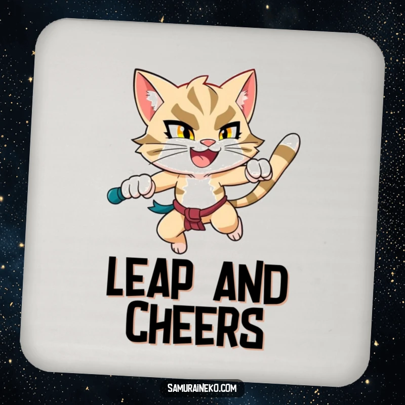 Funny Leaping Cat Coaster: A protective coaster with a happy and determined cat warrior mid-leap, bringing humor to your table.